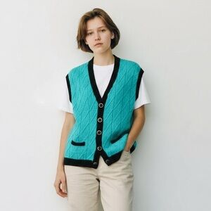 Vintage Handmade Teal Blue Knitted Cardigan Vest with Contrast Detail